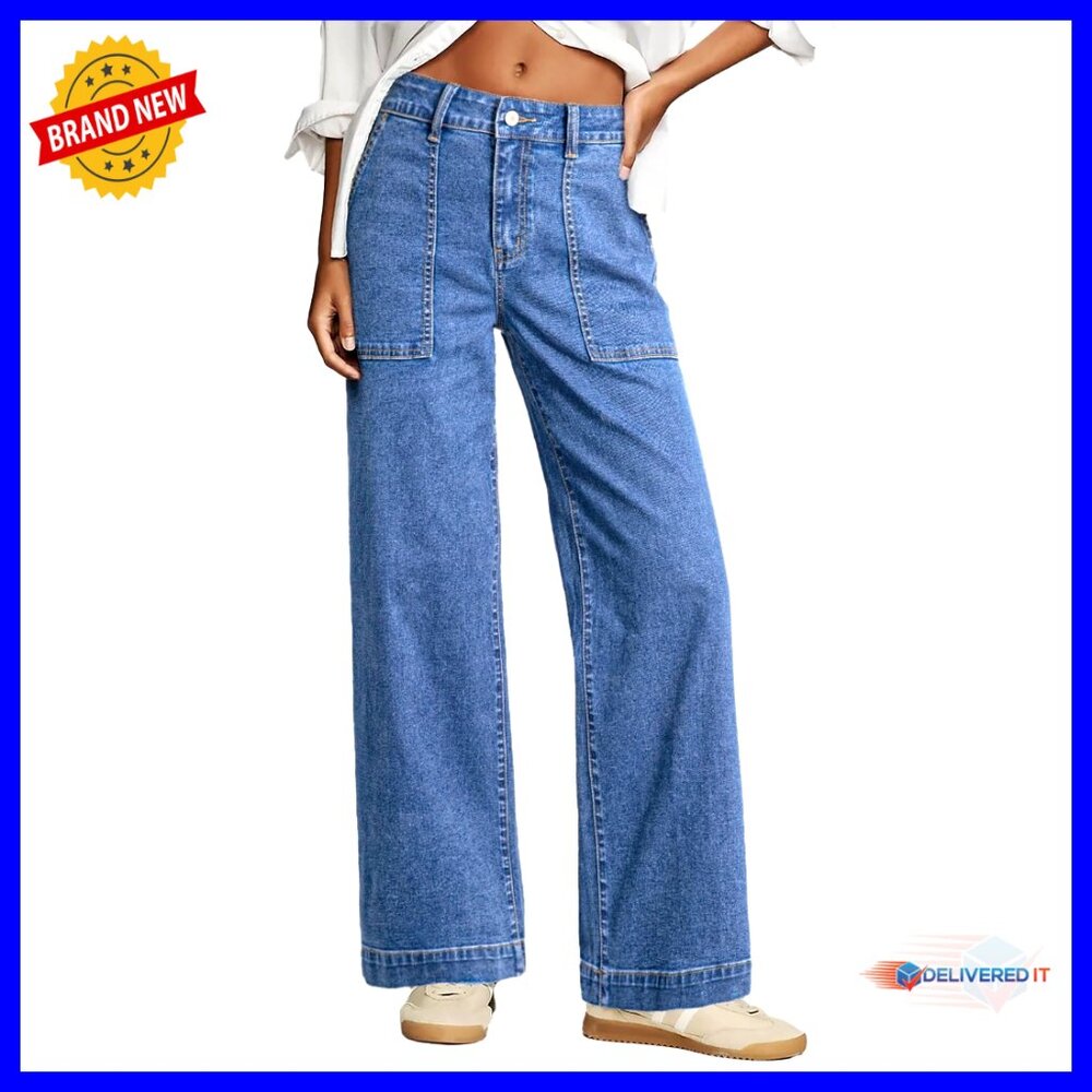 High Waisted Stretch Denim Pants Loose Fit Colorblock Straight Leg Jeans